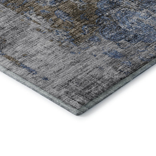 HomeRoots 8' Blue Gray & Silver Floral Medallion Round Rug - Washable, UV-Protected, Durable for High Traffic Areas 686726