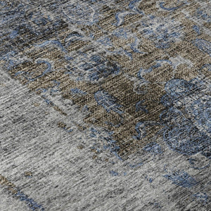 HomeRoots 8' Blue Gray & Silver Floral Medallion Round Rug - Washable, UV-Protected, Durable for High Traffic Areas 686726