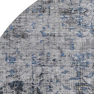 HomeRoots 8' Blue Gray & Silver Floral Medallion Round Rug - Washable, UV-Protected, Durable for High Traffic Areas 686726