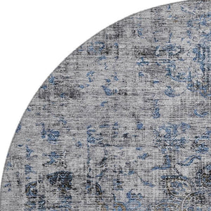 HomeRoots 8' Blue Gray & Silver Floral Medallion Round Rug - Washable, UV-Protected, Durable for High Traffic Areas 686726