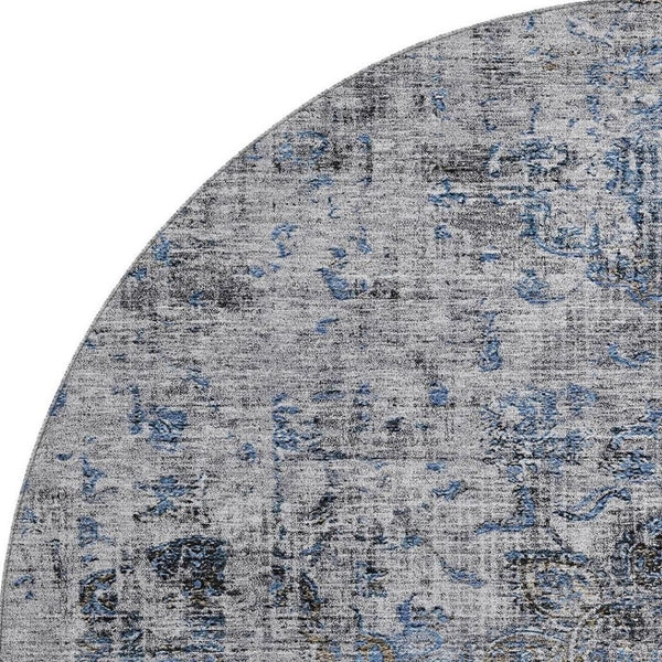 HomeRoots 8' Blue Gray & Silver Floral Medallion Round Rug - Washable, UV-Protected, Durable for High Traffic Areas 686726