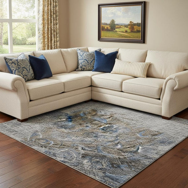 HomeRoots 8' X 10' Elegant Blue Gray Floral Medallion Area Rug - Washable, UV Protected, Perfect for High-Traffic Rooms 686727
