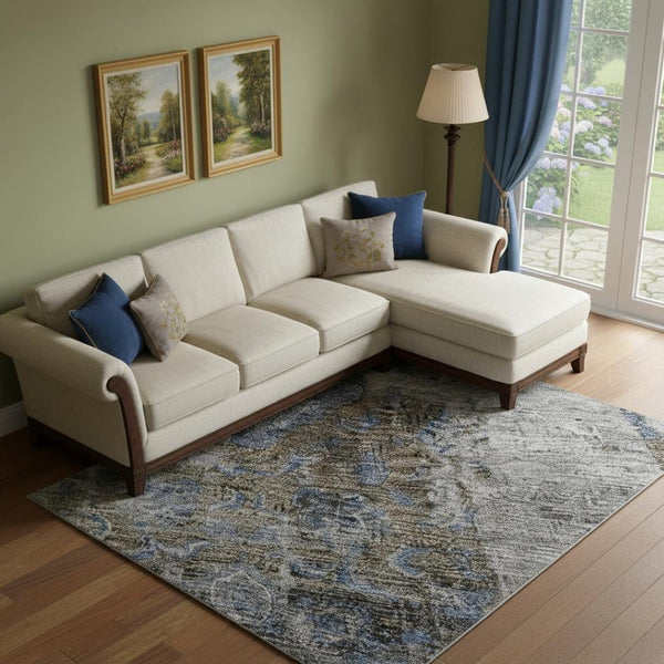 HomeRoots 9' X 12' Blue Gray Floral Medallion Area Rug - Washable, UV Protected, Perfect for Family Homes 686728