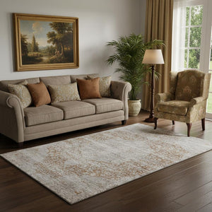 HomeRoots 5' X 8' Copper & Beige Floral Medallion Area Rug - Washable, Stain Resistant & UV Protected Elegance 686731