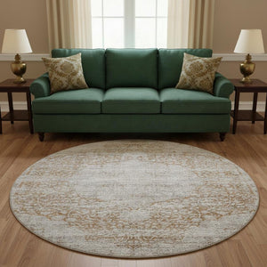 HomeRoots 8' Washable Round Rug with Copper & Beige Floral Medallion - UV Protected, Durable & Easy Care! 686732
