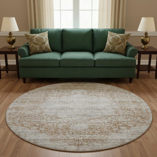 HomeRoots 8' Washable Round Rug with Copper & Beige Floral Medallion - UV Protected, Durable & Easy Care! 686732