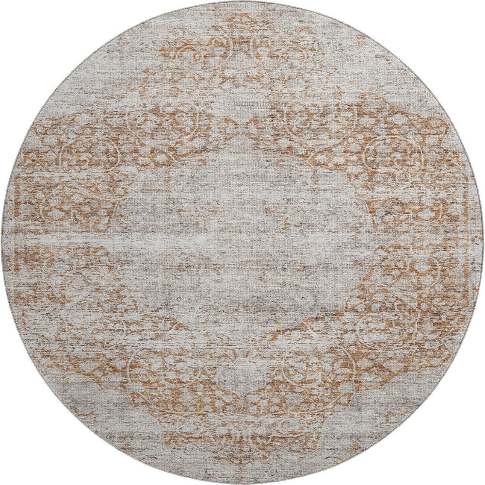 HomeRoots 8' Washable Round Rug with Copper & Beige Floral Medallion - UV Protected, Durable & Easy Care! 686732