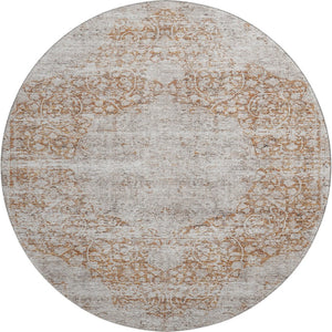 HomeRoots 8' Washable Round Rug with Copper & Beige Floral Medallion - UV Protected, Durable & Easy Care! 686732