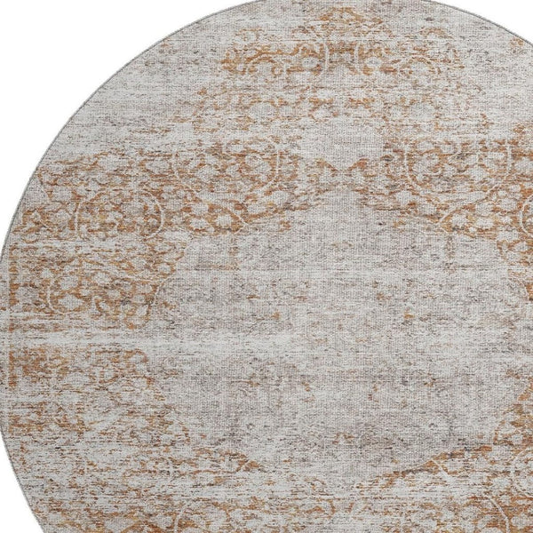 HomeRoots 8' Washable Round Rug with Copper & Beige Floral Medallion - UV Protected, Durable & Easy Care! 686732