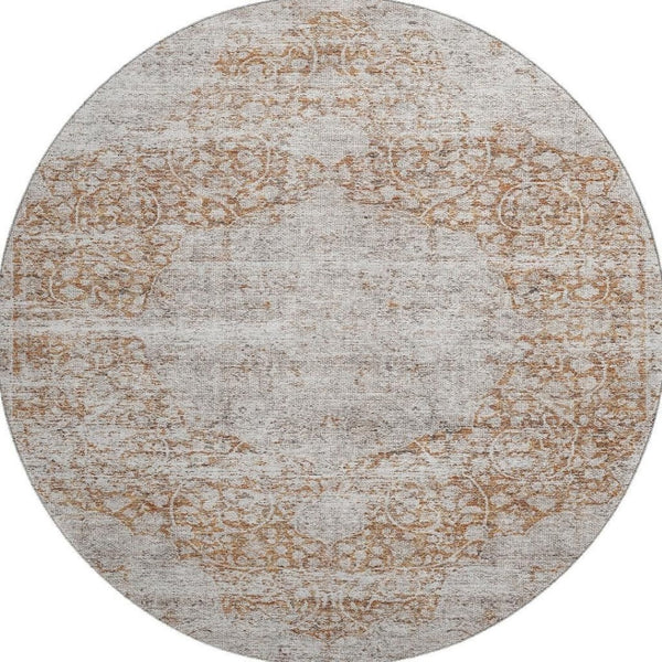 HomeRoots 8' Washable Round Rug with Copper & Beige Floral Medallion - UV Protected, Durable & Easy Care! 686732