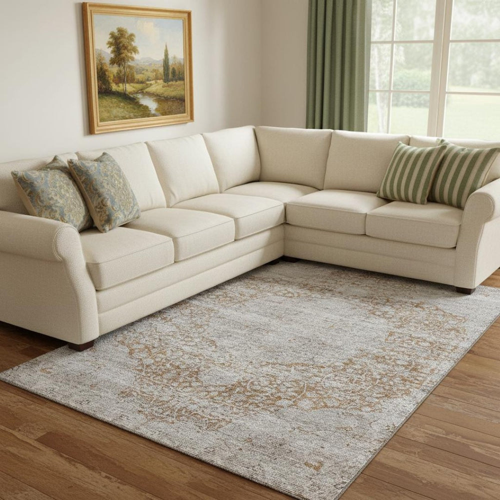 HomeRoots 8' X 10' Copper & Beige Floral Medallion Area Rug - Washable, UV-Protected, Stylish & Durable Design 686733