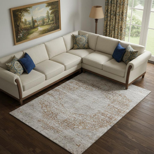 HomeRoots 10' Copper and Beige Floral Medallion Area Rug - Washable, UV Protected, Perfect for Busy Homes! 686735
