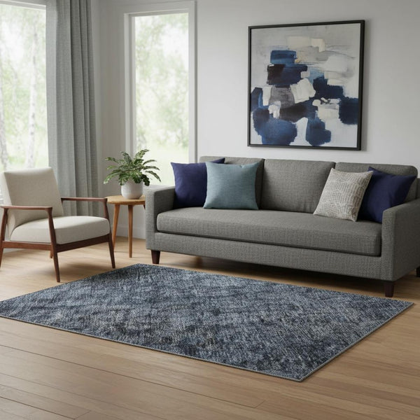 HomeRoots 5' Blue and Charcoal Damask Area Rug – Washable, Stain-Resistant, UV Protected for Stylish Living Spaces 686737