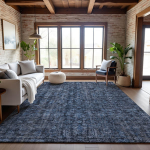 HomeRoots 5' Blue and Charcoal Damask Area Rug – Washable, Stain-Resistant, UV Protected for Stylish Living Spaces 686737