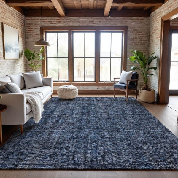 HomeRoots 5' Blue and Charcoal Damask Area Rug – Washable, Stain-Resistant, UV Protected for Stylish Living Spaces 686737
