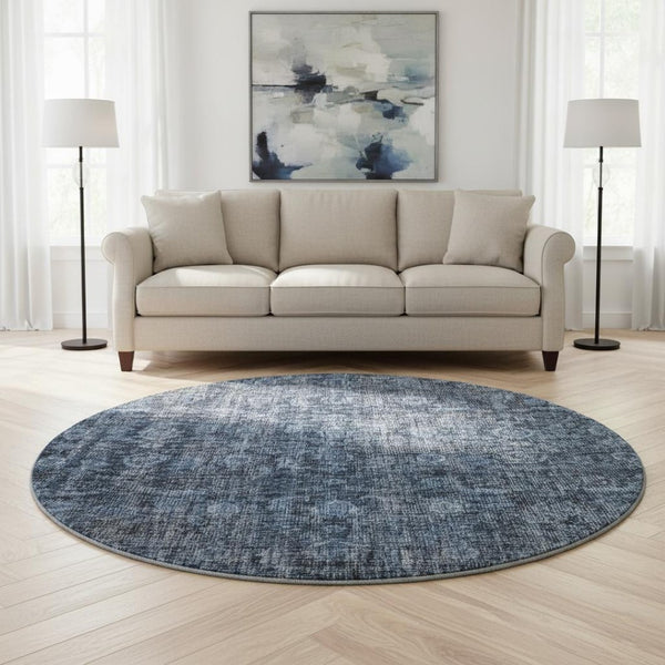 HomeRoots 8' Blue and Charcoal Damask Washable Round Rug - Durable, UV-Protected, Perfect for Busy Homes! 686738