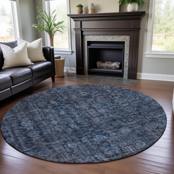 HomeRoots 8' Blue and Charcoal Damask Washable Round Rug - Durable, UV-Protected, Perfect for Busy Homes! 686738