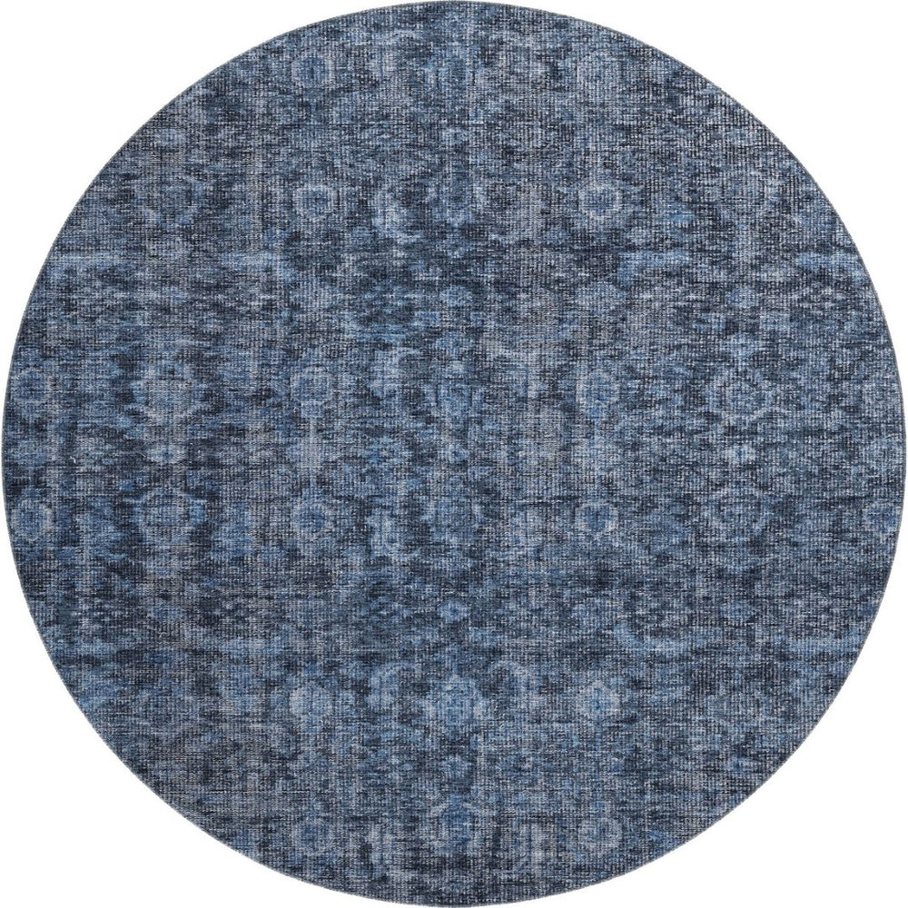 HomeRoots 8' Blue and Charcoal Damask Washable Round Rug - Durable, UV-Protected, Perfect for Busy Homes! 686738