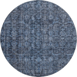 HomeRoots 8' Blue and Charcoal Damask Washable Round Rug - Durable, UV-Protected, Perfect for Busy Homes! 686738