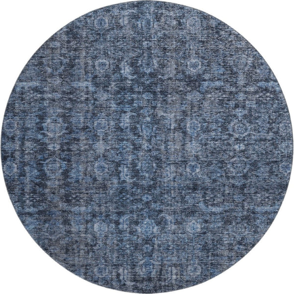 HomeRoots 8' Blue and Charcoal Damask Washable Round Rug - Durable, UV-Protected, Perfect for Busy Homes! 686738