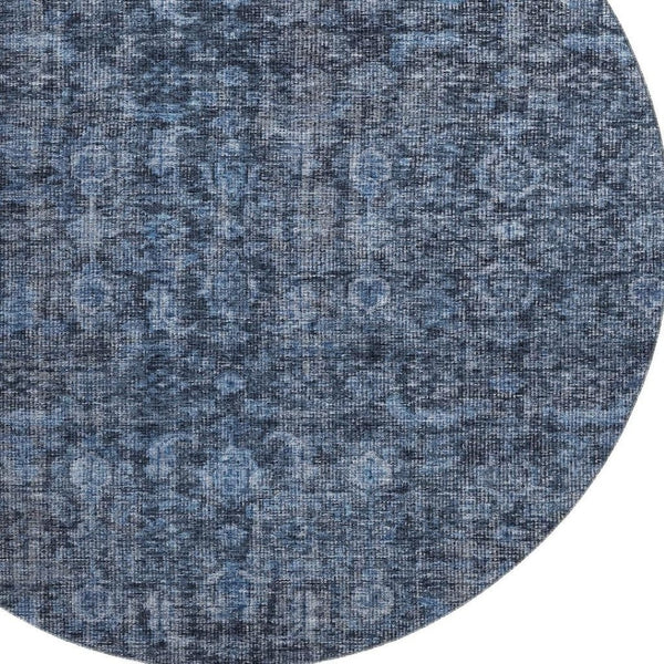 HomeRoots 8' Blue and Charcoal Damask Washable Round Rug - Durable, UV-Protected, Perfect for Busy Homes! 686738