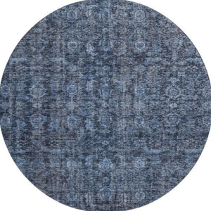 HomeRoots 8' Blue and Charcoal Damask Washable Round Rug - Durable, UV-Protected, Perfect for Busy Homes! 686738