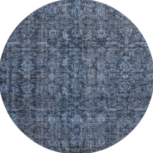 HomeRoots 8' Blue and Charcoal Damask Washable Round Rug - Durable, UV-Protected, Perfect for Busy Homes! 686738
