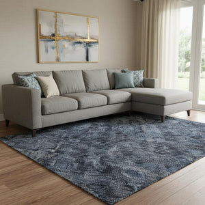HomeRoots 8' X 10' Elegant Blue & Charcoal Damask Area Rug - Washable, UV Protected, Perfect for High-Traffic Areas 686739