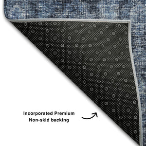HomeRoots 8' X 10' Elegant Blue & Charcoal Damask Area Rug - Washable, UV Protected, Perfect for High-Traffic Areas 686739