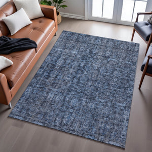 HomeRoots 8' X 10' Elegant Blue & Charcoal Damask Area Rug - Washable, UV Protected, Perfect for High-Traffic Areas 686739