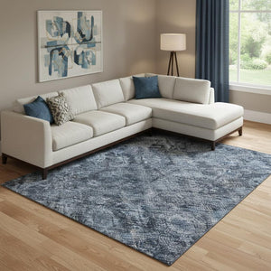 HomeRoots 9' X 12' Washable Blue & Charcoal Damask Area Rug – Stain Resistant, UV Protected, Perfect for Homes 686740