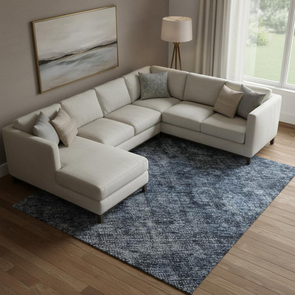HomeRoots 10' X 14' Blue And Charcoal Damask Area Rug – Durable, Washable, UV-Protected for High-Traffic Spaces 686741