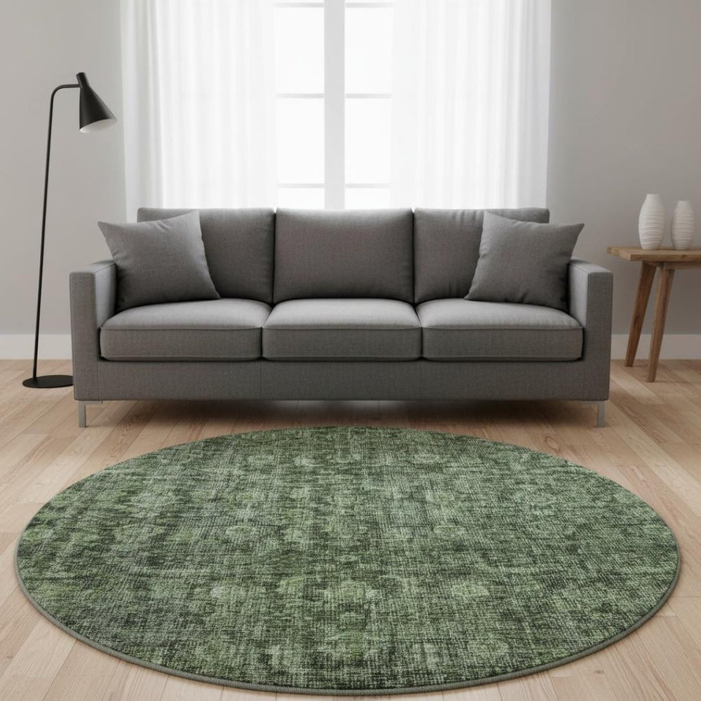 HomeRoots 8' Elegant Artichoke Green & Gray Damask Washable Round Rug with UV Protection for Busy Homes 686744