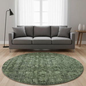 HomeRoots 8' Elegant Artichoke Green & Gray Damask Washable Round Rug with UV Protection for Busy Homes 686744