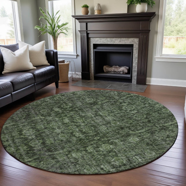 HomeRoots 8' Elegant Artichoke Green & Gray Damask Washable Round Rug with UV Protection for Busy Homes 686744