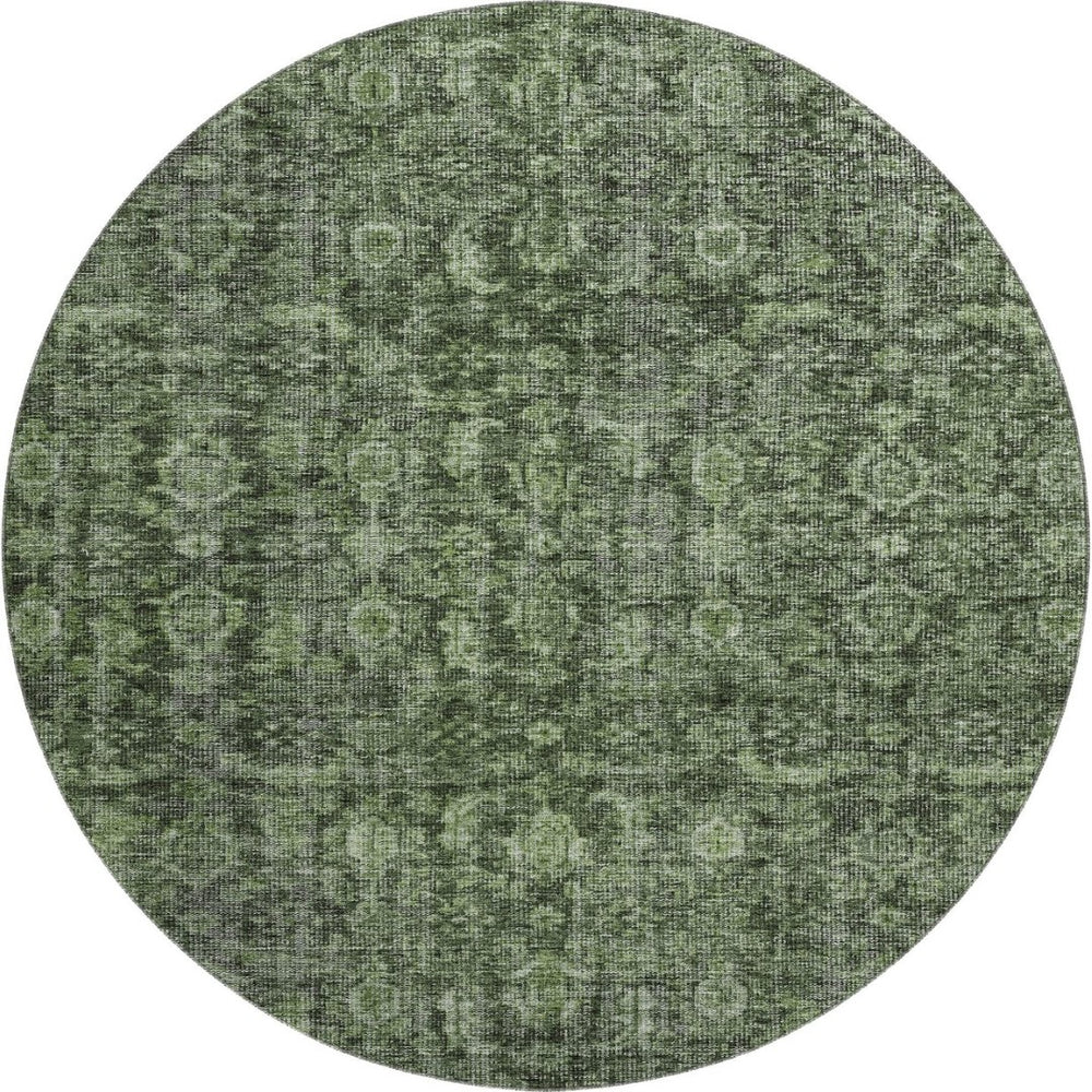 HomeRoots 8' Elegant Artichoke Green & Gray Damask Washable Round Rug with UV Protection for Busy Homes 686744