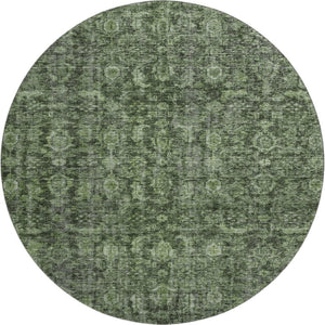 HomeRoots 8' Elegant Artichoke Green & Gray Damask Washable Round Rug with UV Protection for Busy Homes 686744