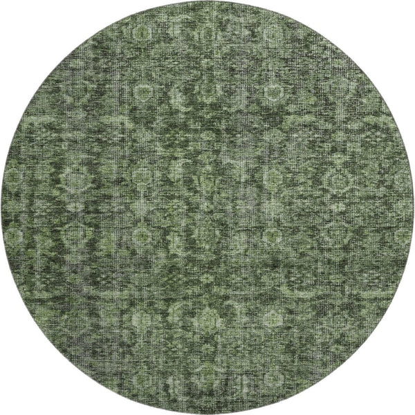 HomeRoots 8' Elegant Artichoke Green & Gray Damask Washable Round Rug with UV Protection for Busy Homes 686744