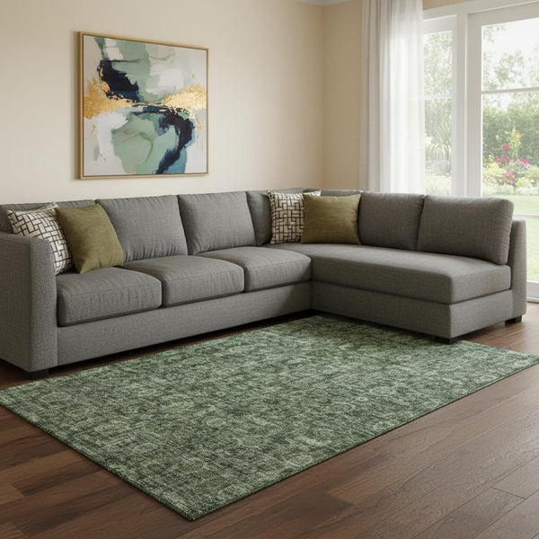 HomeRoots 8' X 10' Artichoke Green & Gray Damask Area Rug - Washable, UV-Protected, Durable for High-Traffic Homes 686745