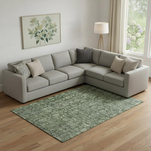 HomeRoots 9' X 12' Artichoke Green & Gray Damask Washable Area Rug - Durable, Stylish, UV Protected Design 686746
