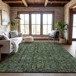 HomeRoots 9' X 12' Artichoke Green & Gray Damask Washable Area Rug - Durable, Stylish, UV Protected Design 686746