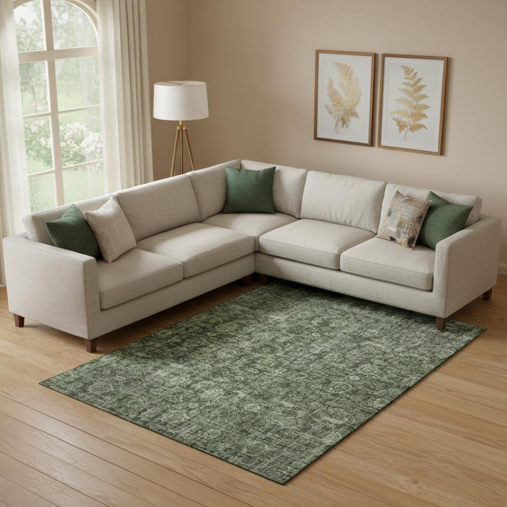 HomeRoots 10' Artichoke Green & Gray Damask Washable Area Rug - Durable, UV Protected, Ideal for Busy Homes 686747