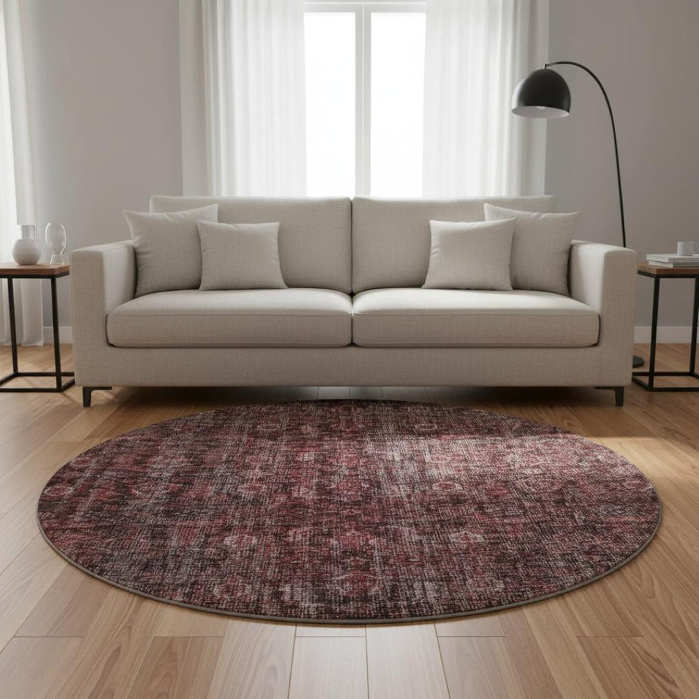 HomeRoots 8' Pink and Mauve Damask Washable Round Rug – Durable, UV-Protected, Elegant Design for Every Room 686750