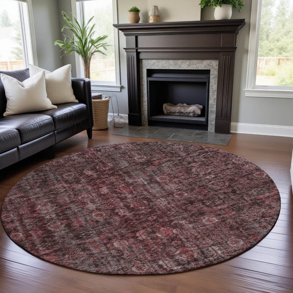 HomeRoots 8' Pink and Mauve Damask Washable Round Rug – Durable, UV-Protected, Elegant Design for Every Room 686750