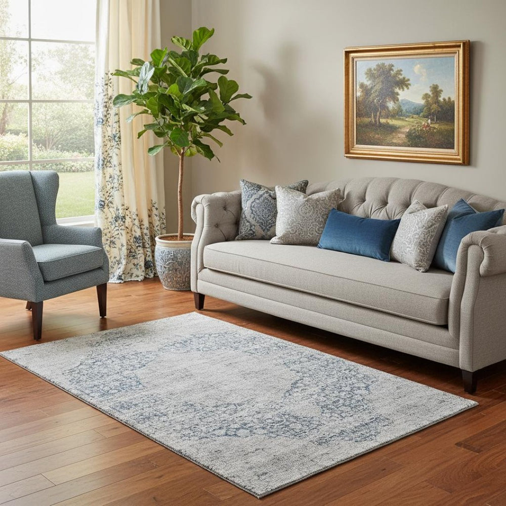 HomeRoots 5' X 8' Stylish Blue & Beige Medallion Area Rug - Washable, UV Protected, Ideal for High-Traffic Areas 686755