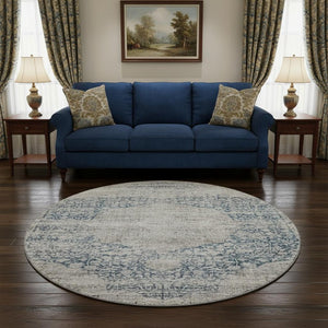 HomeRoots 8' Blue And Beige Medallion Round Rug - Washable, UV Protected, Stain Resistant for Any Space 686756