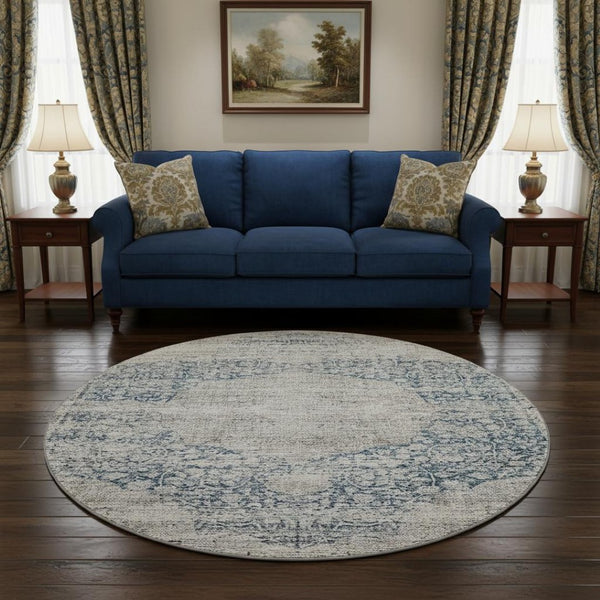 HomeRoots 8' Blue And Beige Medallion Round Rug - Washable, UV Protected, Stain Resistant for Any Space 686756