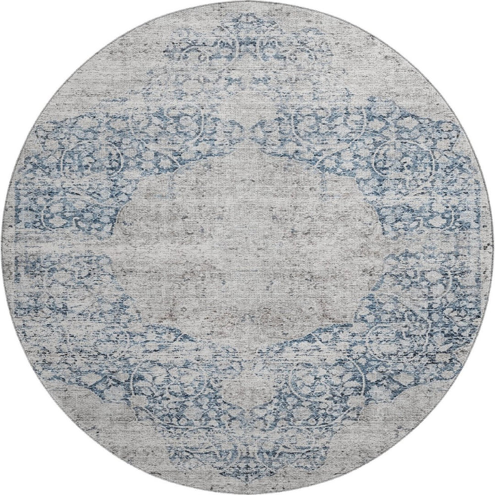 HomeRoots 8' Blue And Beige Medallion Round Rug - Washable, UV Protected, Stain Resistant for Any Space 686756