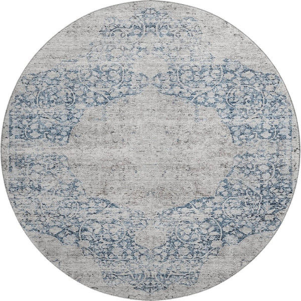 HomeRoots 8' Blue And Beige Medallion Round Rug - Washable, UV Protected, Stain Resistant for Any Space 686756