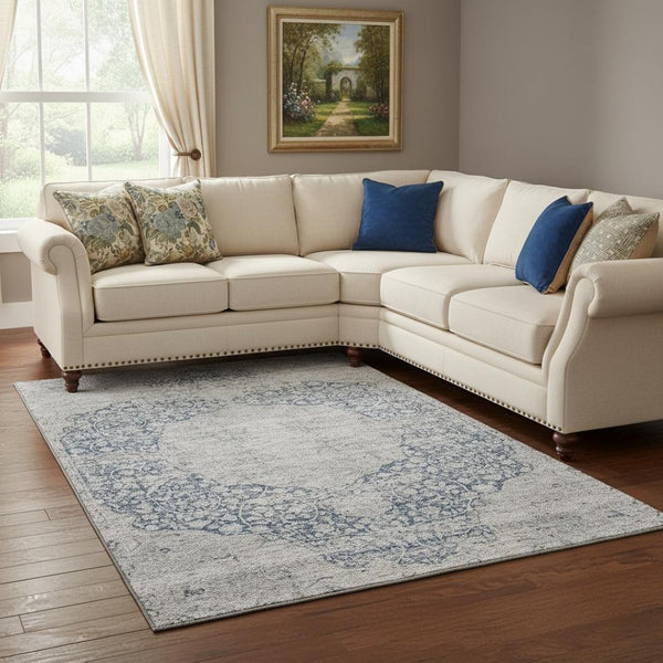 HomeRoots 8' X 10' Medallion Area Rug in Blue & Beige - Washable, UV Protected, Stain Resistant for Busy Homes 686757